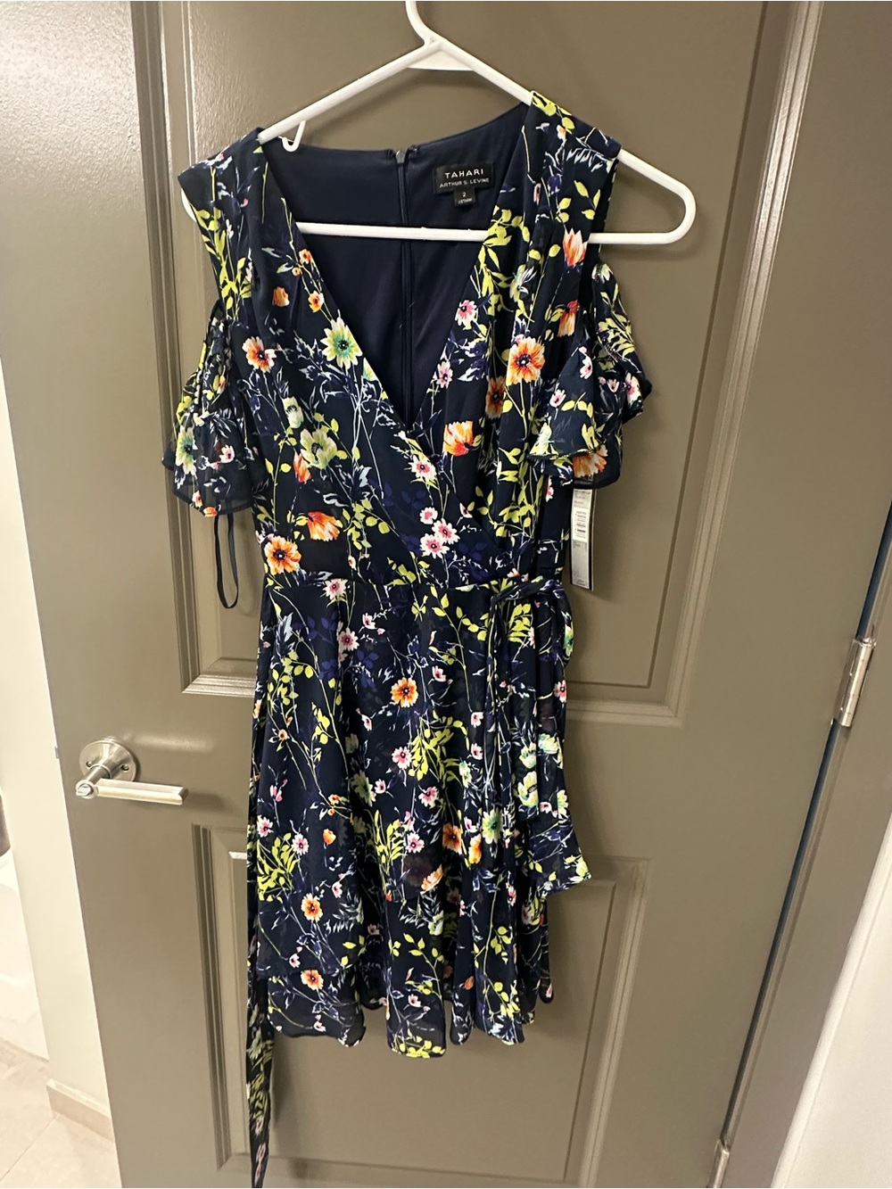 Tahari Navy Floral Wrap Dress with Yellow & White Blooms